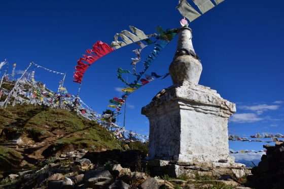 チェレラ峠の景色　標高約4,000mの峠には、旅人の安全を祈願するダルシンが